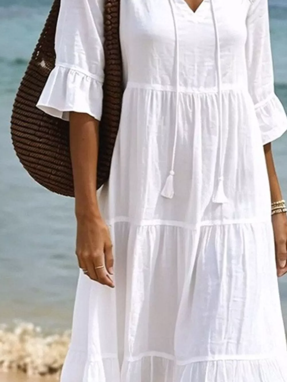 Full Size Tiered Tie Neck Flounce Sleeve Dress Plus Size, image 3