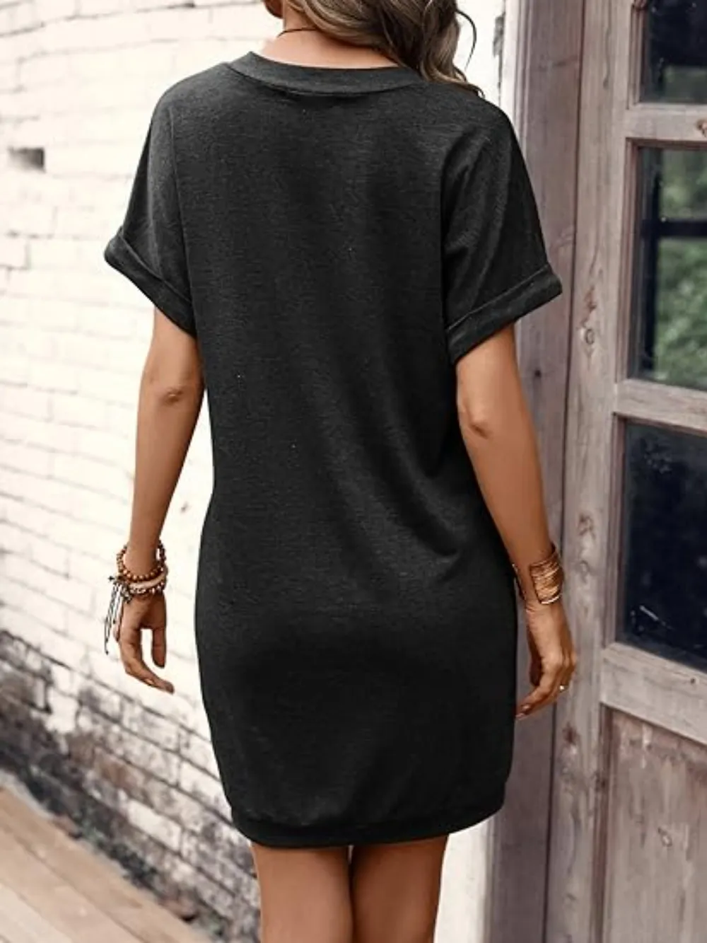V-Neck Short Sleeve Mini Tee Dress, image 2