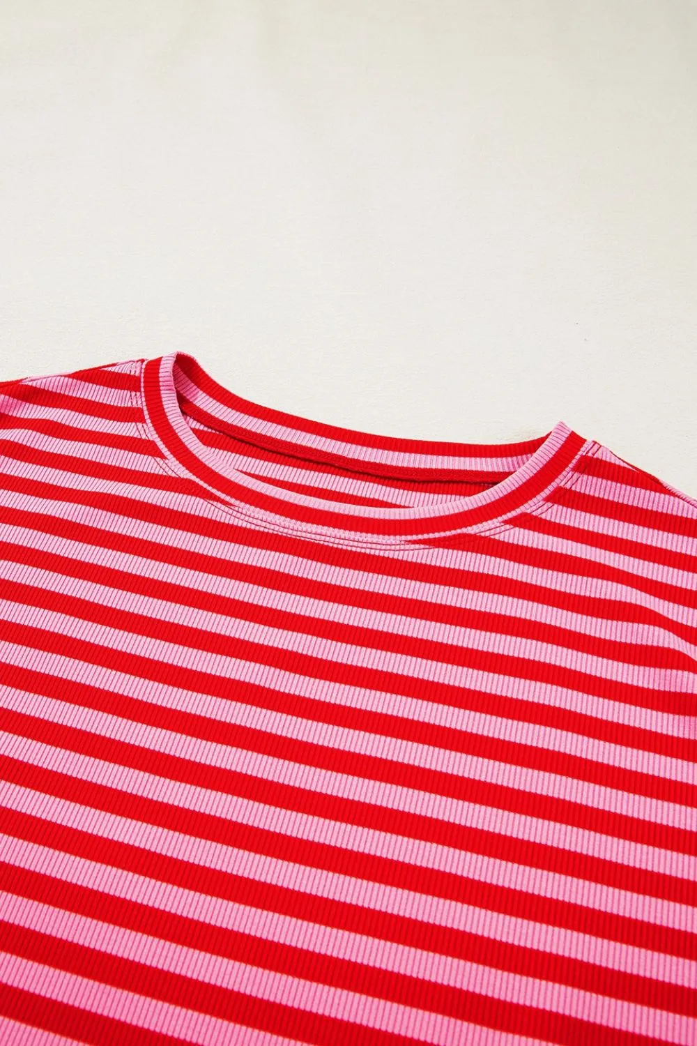 Stripe Ribbed Cap Sleeve Round Neck T Shirt, image 3