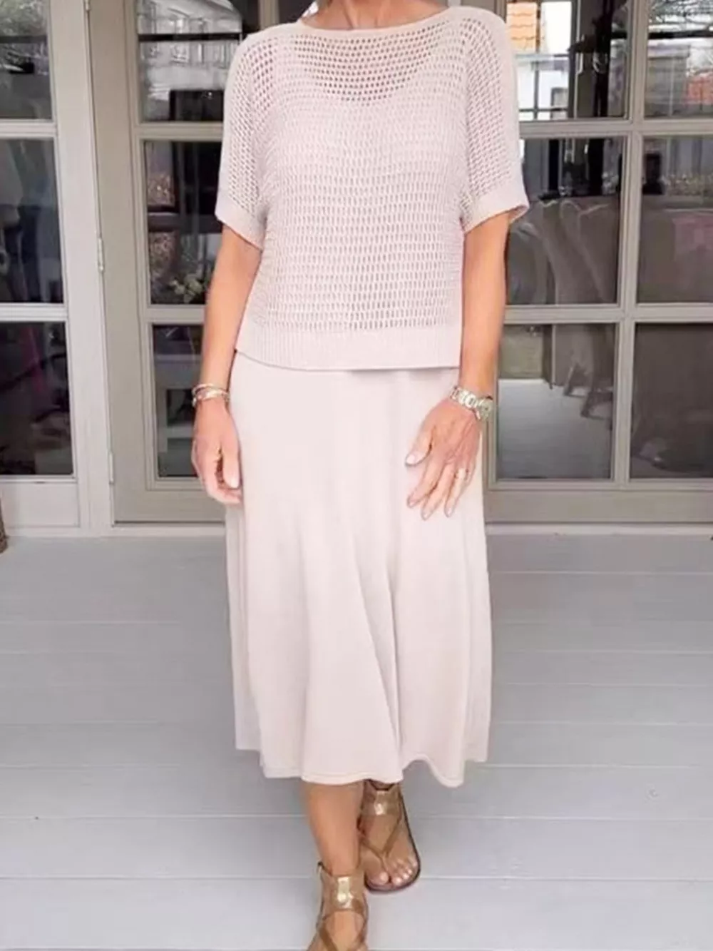 Full Size Openwork Knit Cover Up and Dress Set Plus Size, image 2