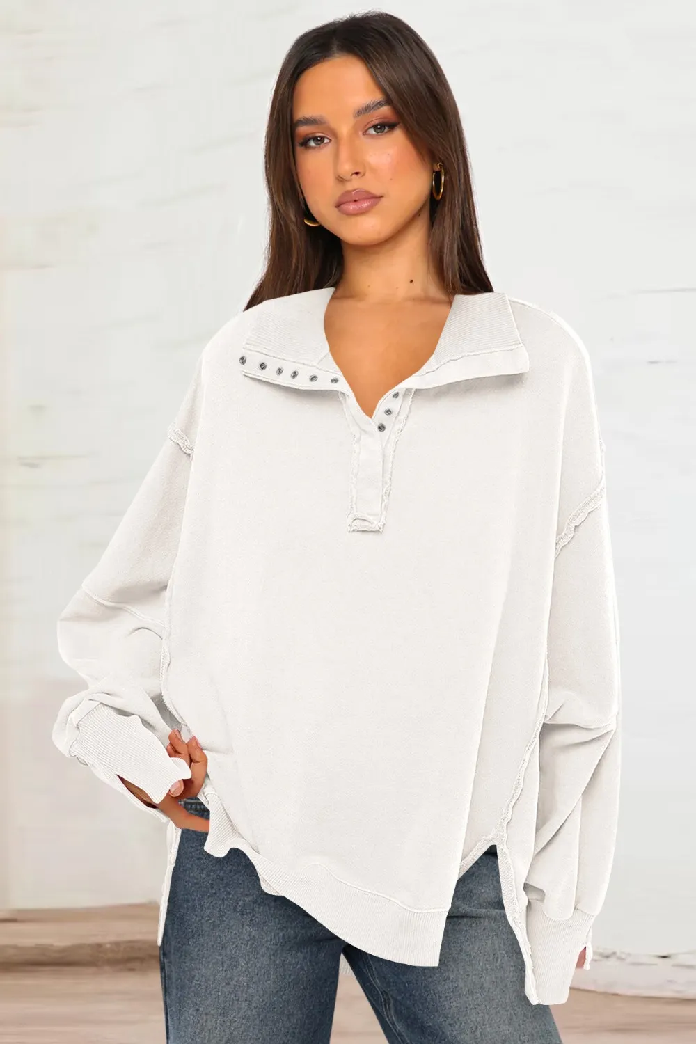 Exposed Seam Side Slit Long Sleeve Sweatshirt, image 5