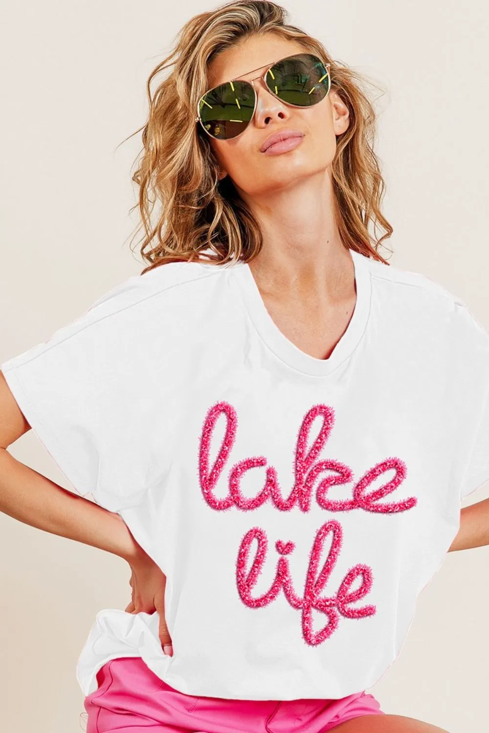 Metallic Letter Short Dolman Sleeve Top