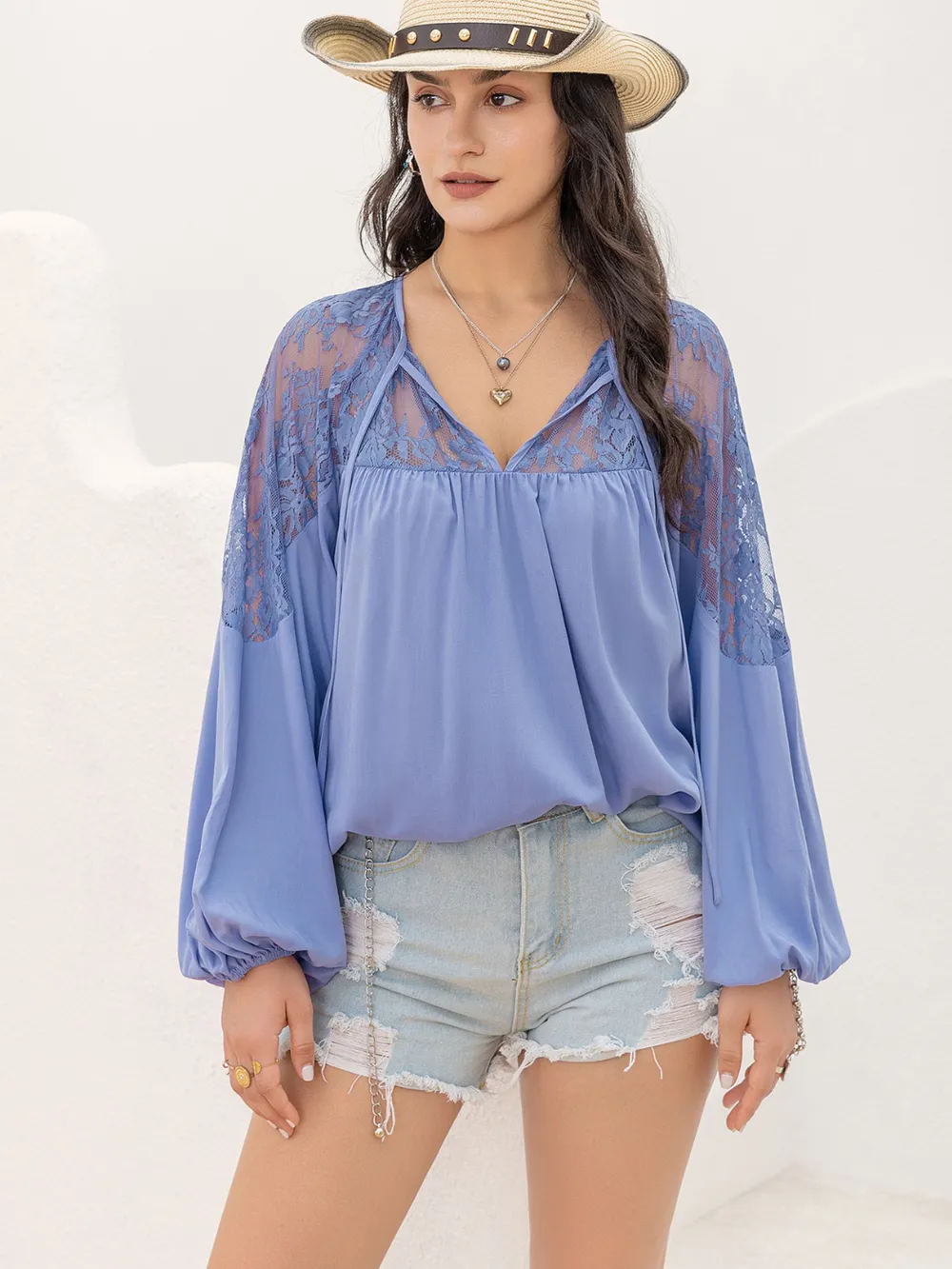 Lace Detail Tie Neck Balloon Sleeve Blouse, image 3
