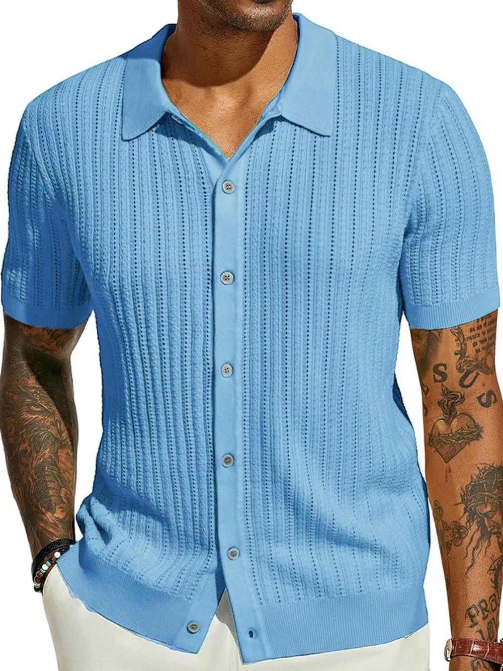 Men's Full Size Openwork Button Down Collared Neck Shirt Plus Size, image 5