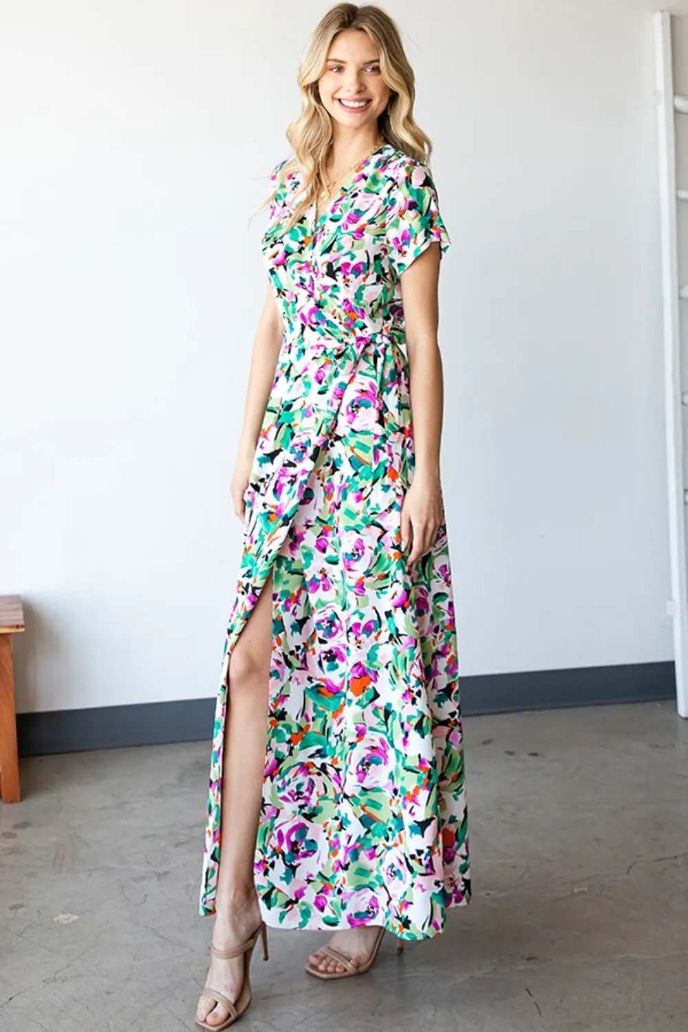Slit Printed Surplice Tie Waist Short Sleeve Dress, image 3