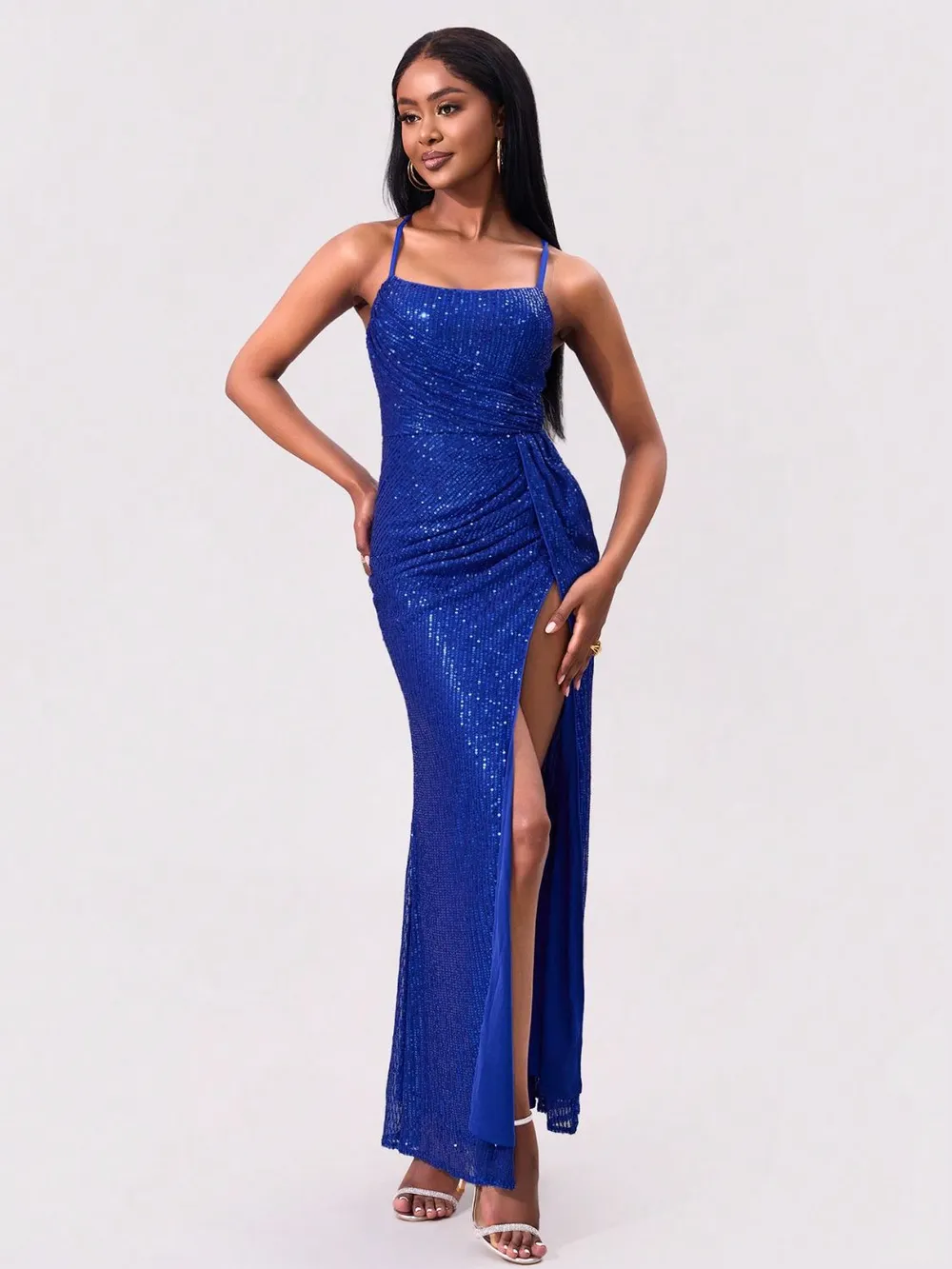 Slit Sequin Square Neck Spaghetti Strap Dress, image 2