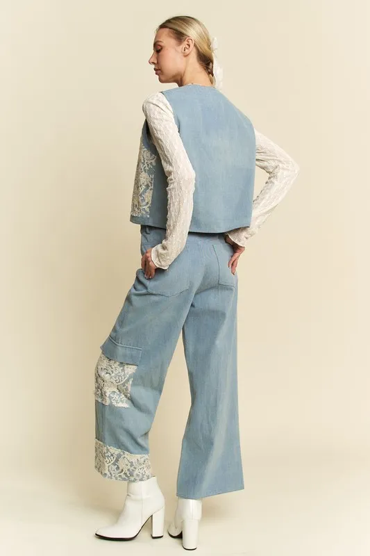 Lace Patch Open Front Denim Vest, image 2