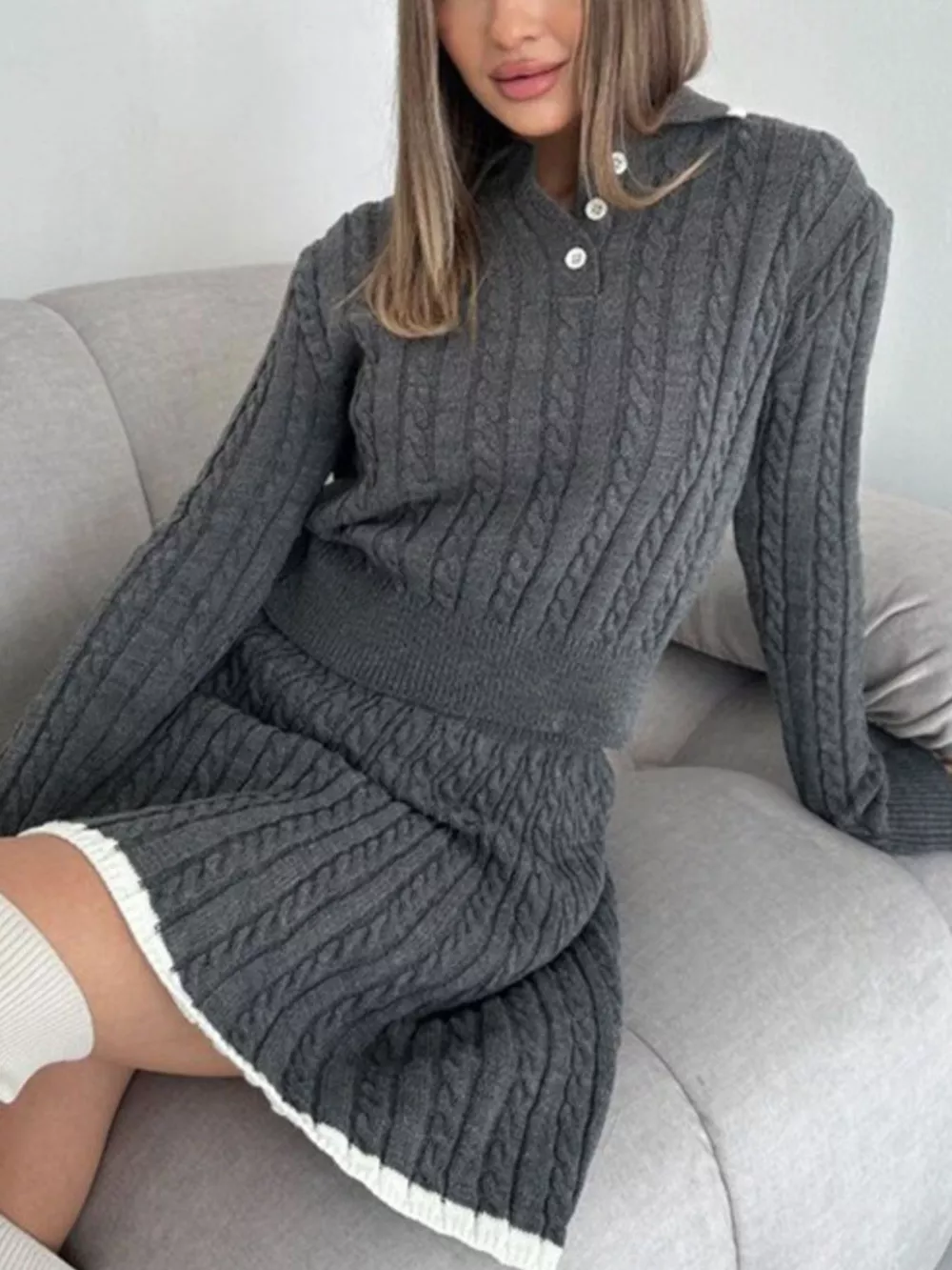 Cable Knit Long Sleeve Top and Skirt Sweater Set