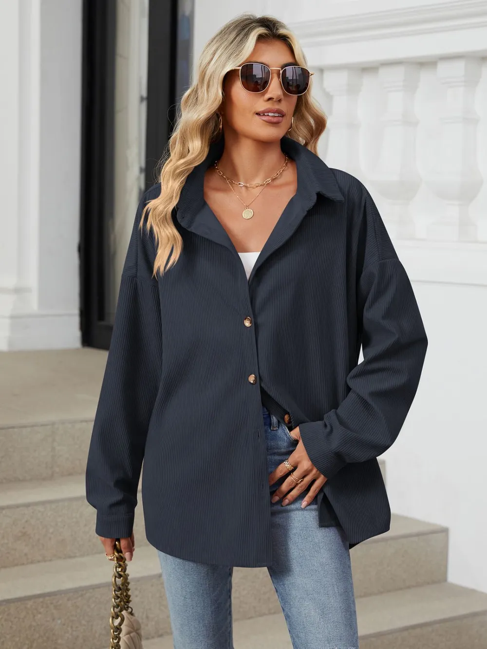 Collared Neck Long Sleeve Dropped Shoulder Shirt, image 9
