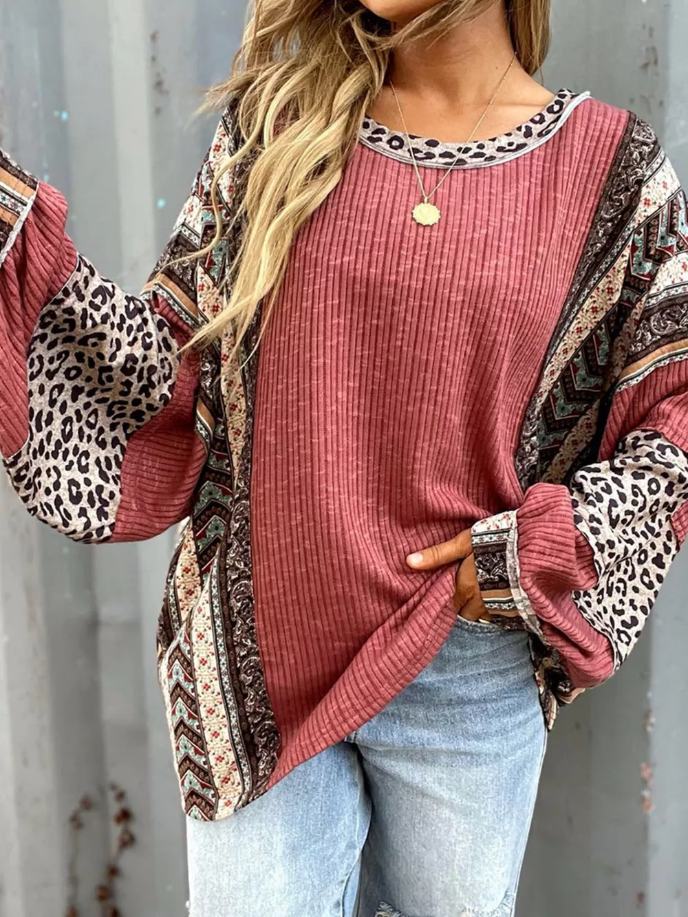 Leopard Color Block Ribbed Top, image 4