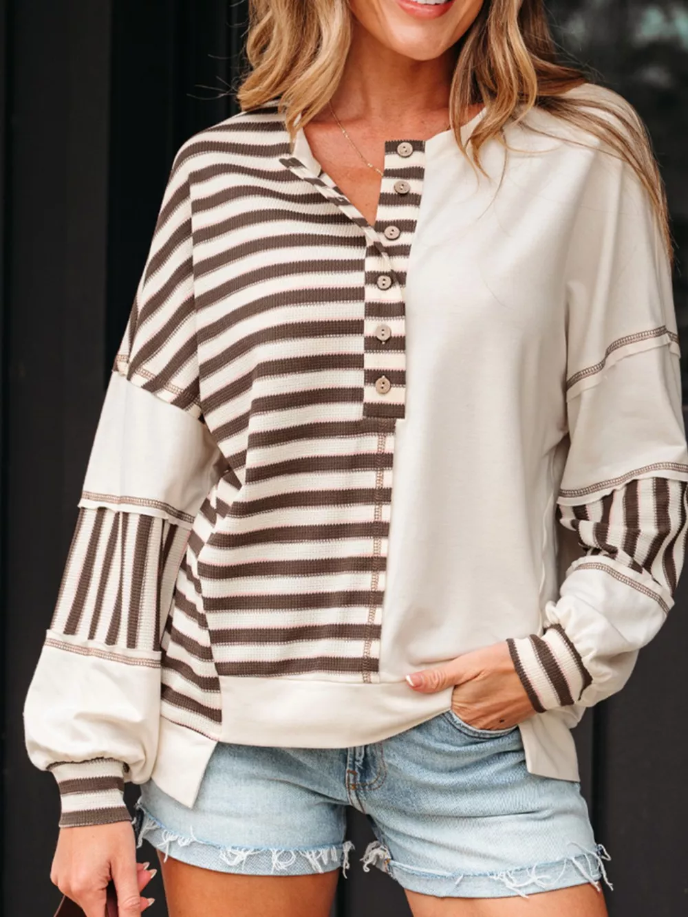 Stripe Stitched Detail Color Block Patchwork Oversized Top, image 4