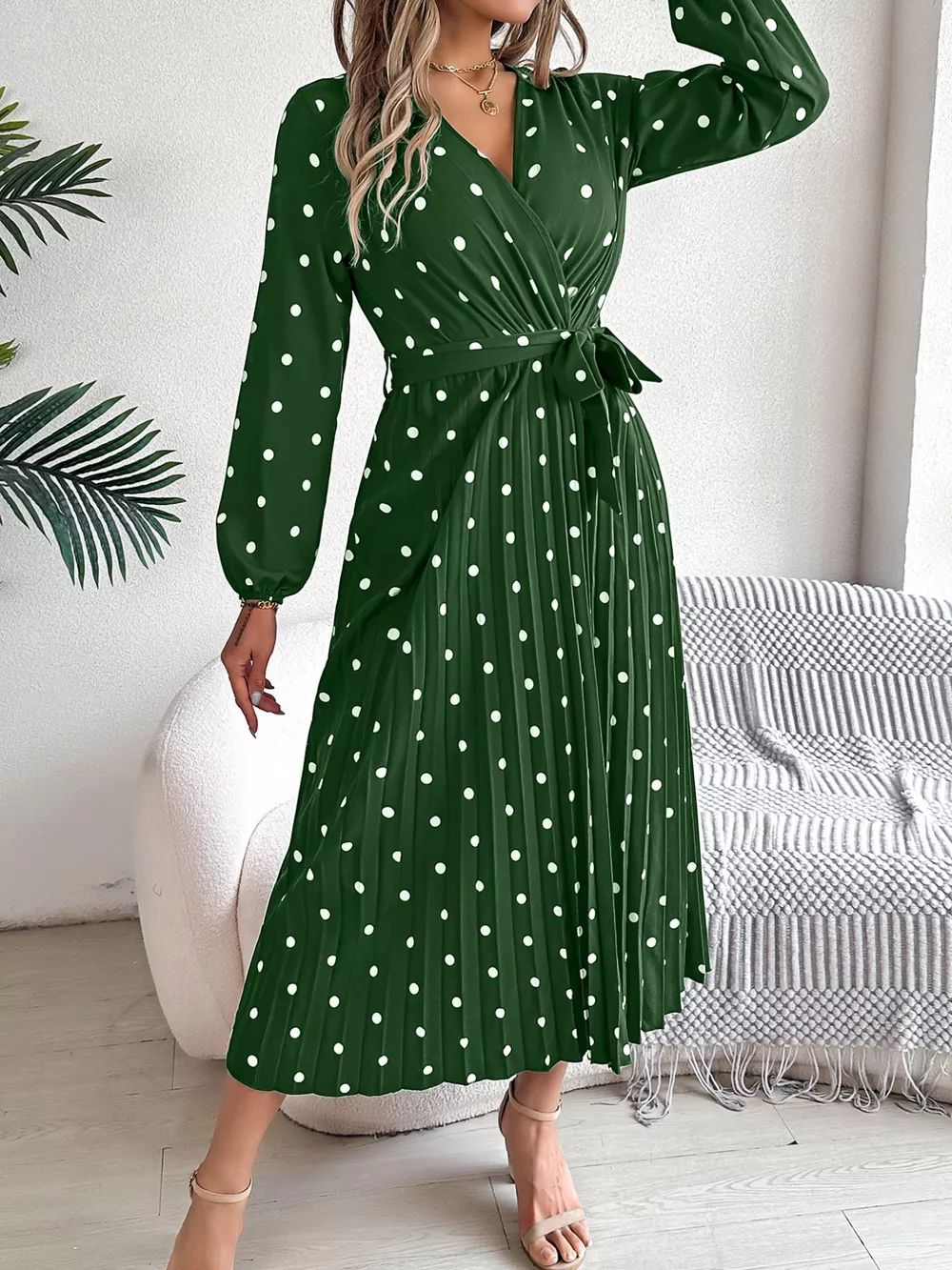 Front Tie Polka Dot Midi Pleated Dress, image 8