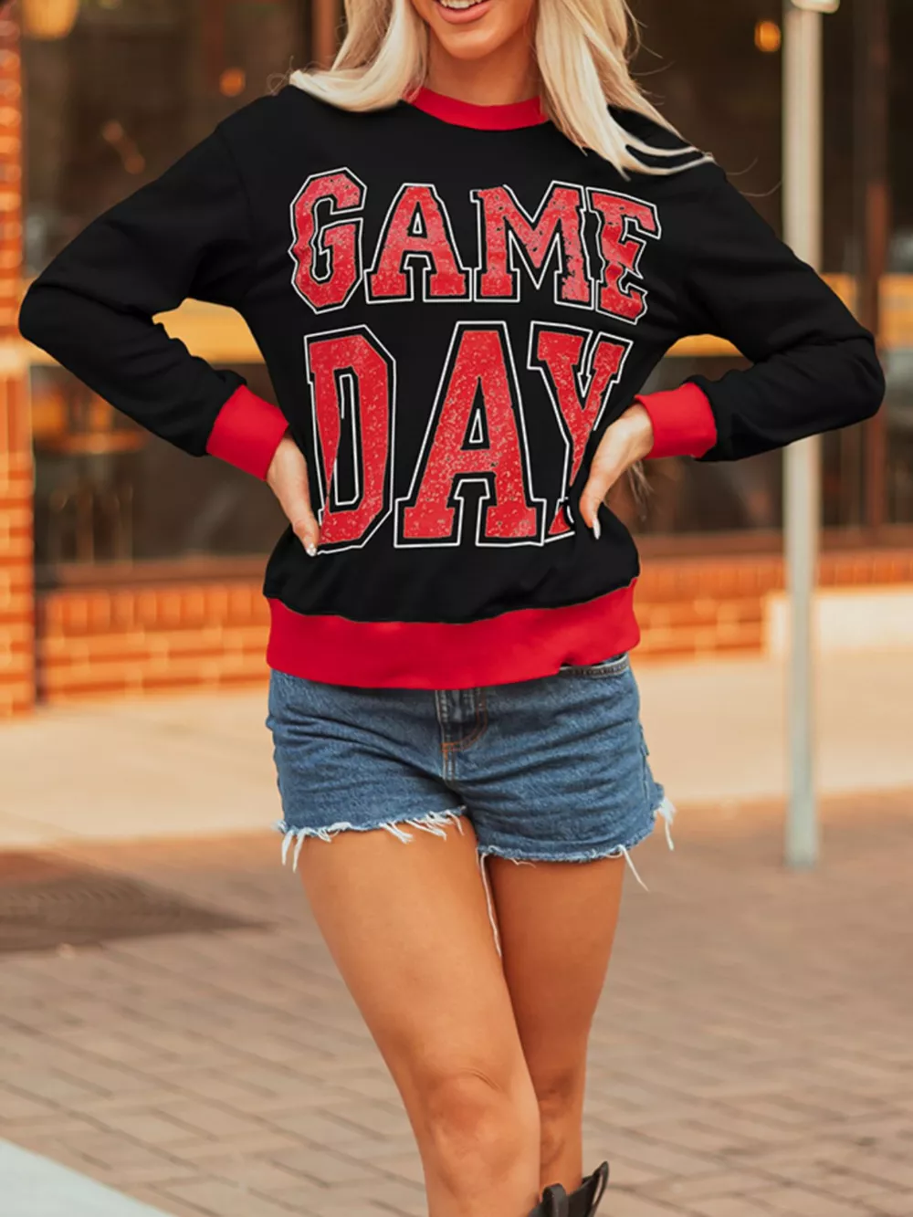 GAME DAY Letter Graphic Varsity Striped Detail Baggy Sweatshirt, image 3
