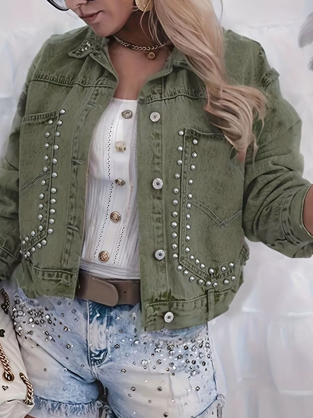 Studded Button Up Wash Denim Jacket, image 3