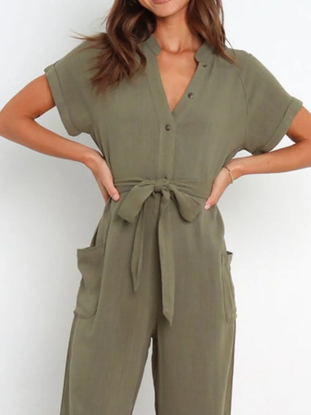 Notched Short Sleeve Tie Waist Jumpsuit, image 4