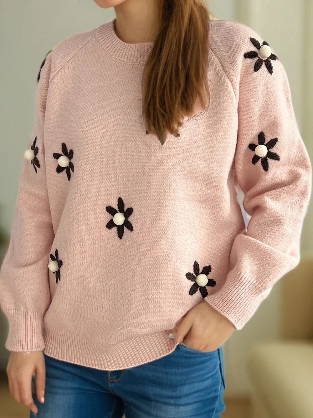 Flower Round Neck Raglan Sleeve Sweater, image 8