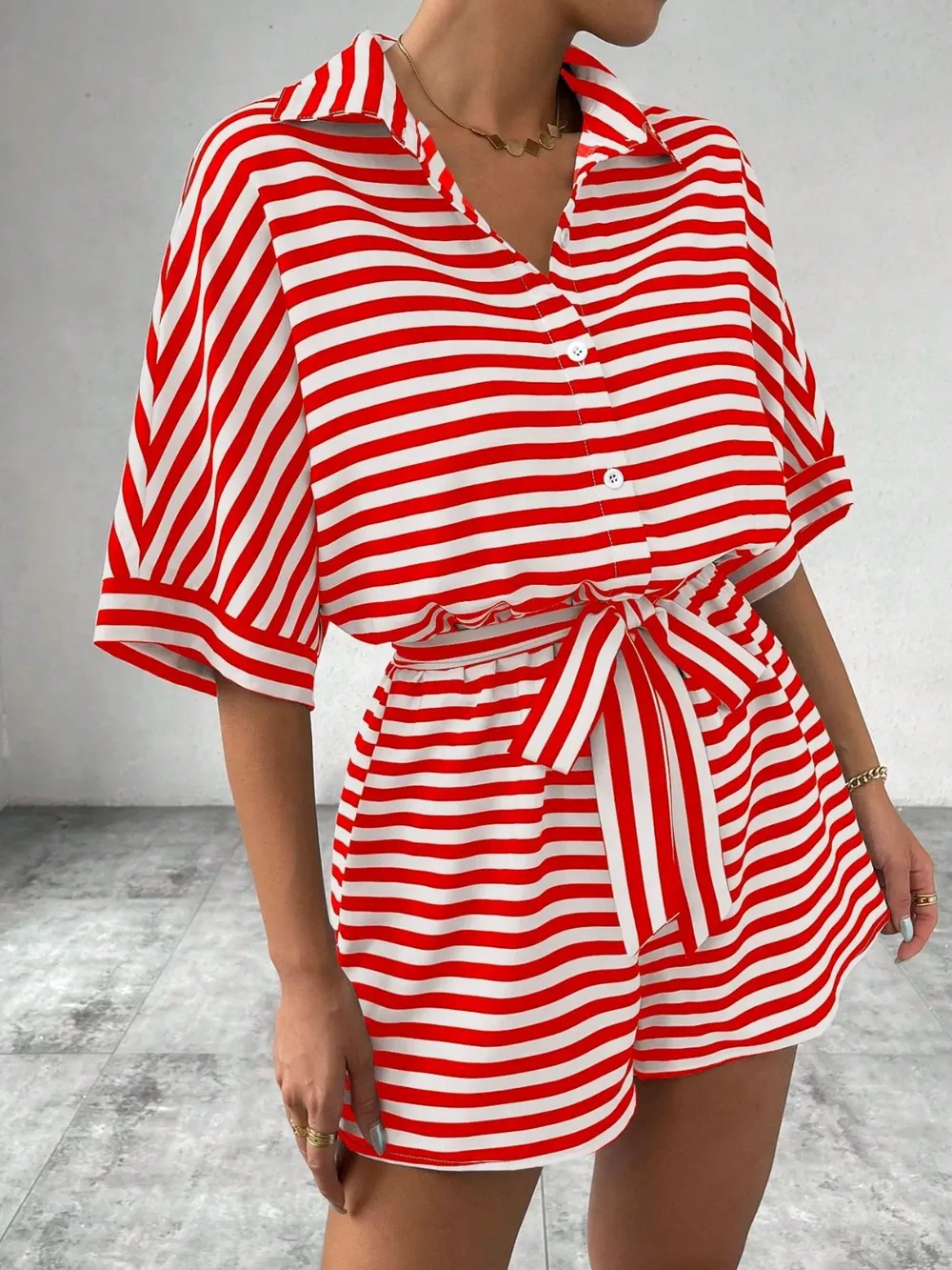 Tie Waist Half Button Striped Romper, image 4