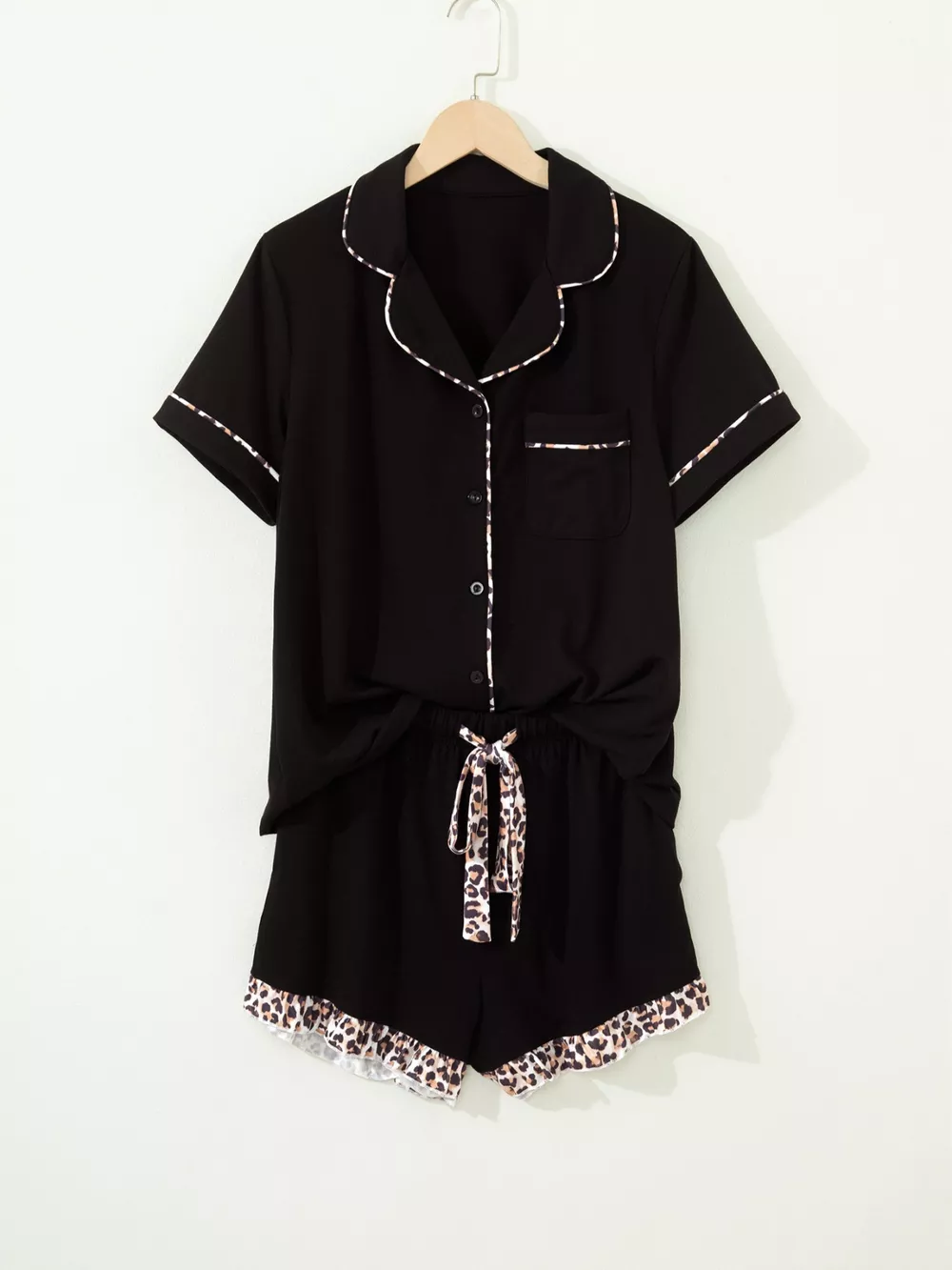 k Leopard Patchwork Trim Lapel Shirt Drawstring Shorts 2pcs Pajama Set, image 2