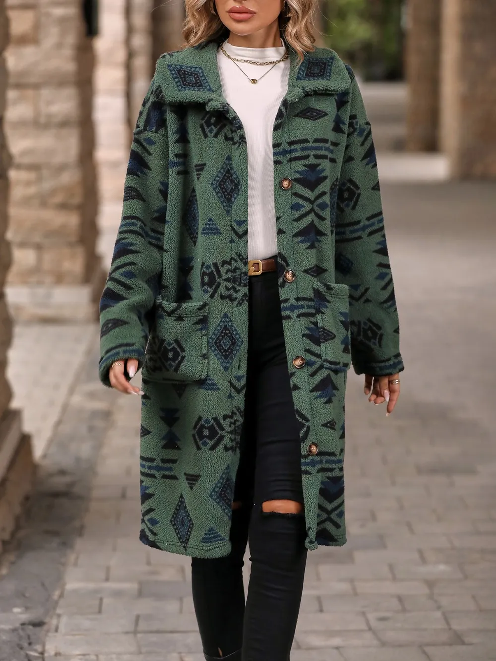Geometric Pocketed Dropped Shoulder Coat, image 9