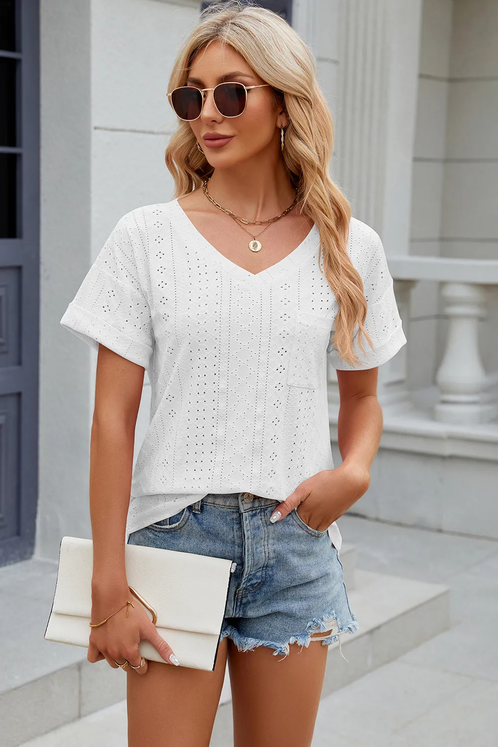Eyelet V-Neck Short Sleeve T-Shirt, image 4