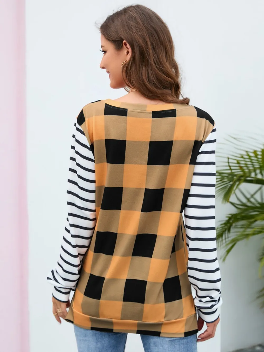 Plaid Striped Round Neck Long Sleeve T-Shirt, image 10