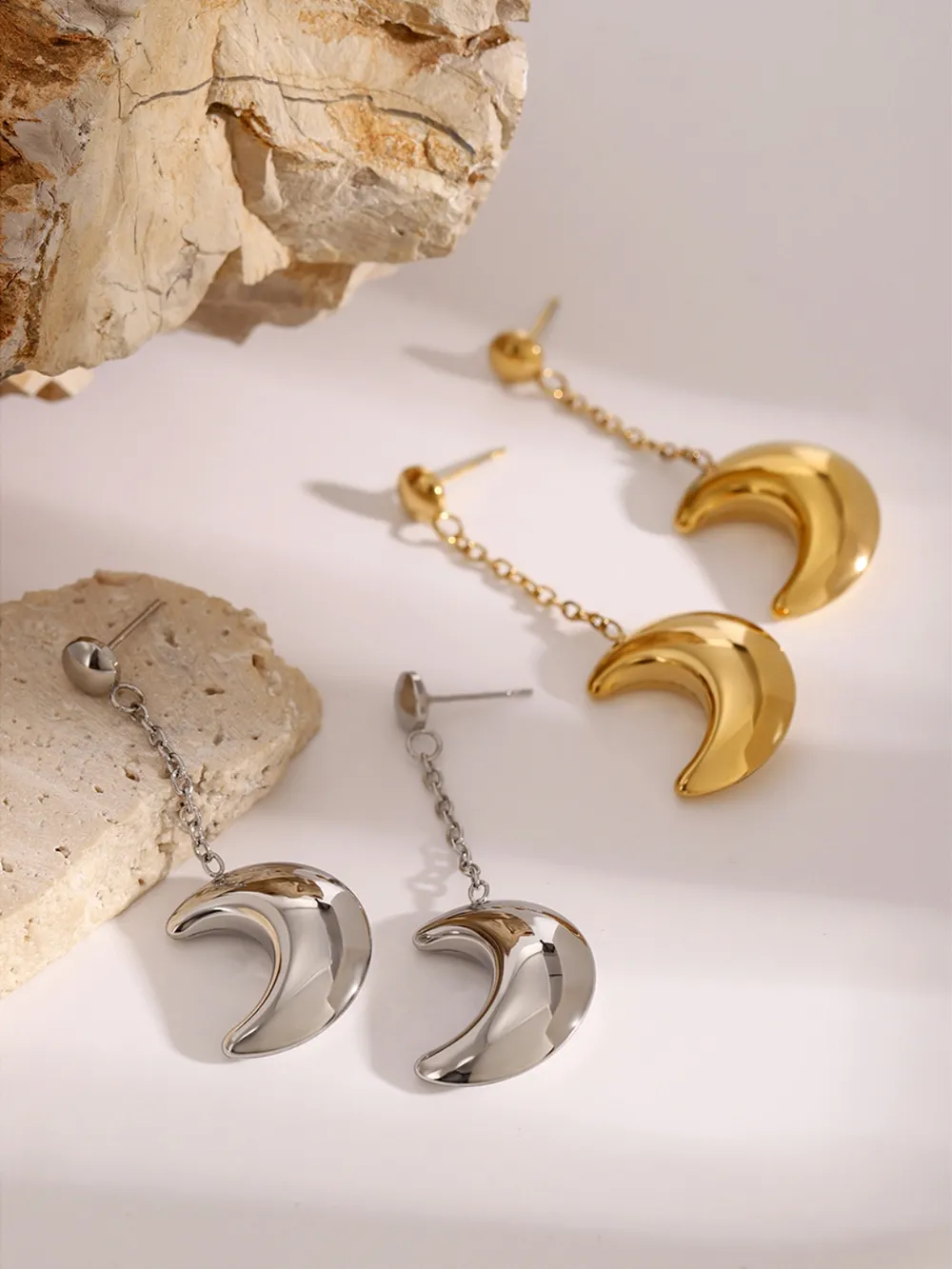 Stainless Steel Moon Dangle Earrings, image 2