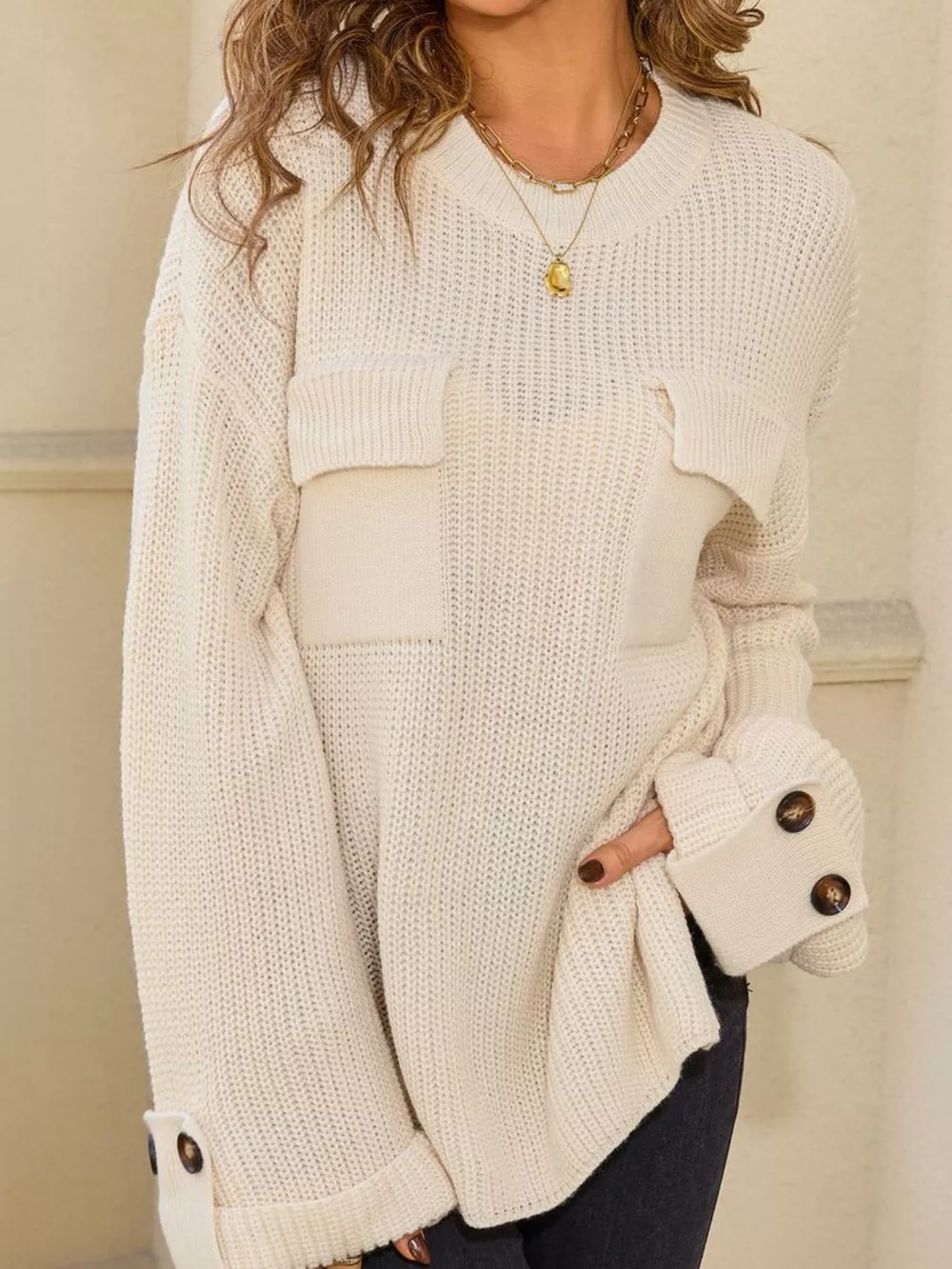 Pocket Detail Round Neck Sweater, image 3