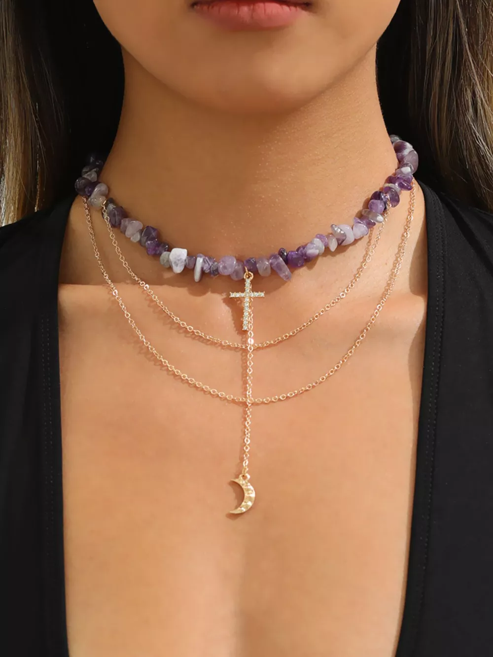 Layered Cross and Moon Pendant Necklace, image 4