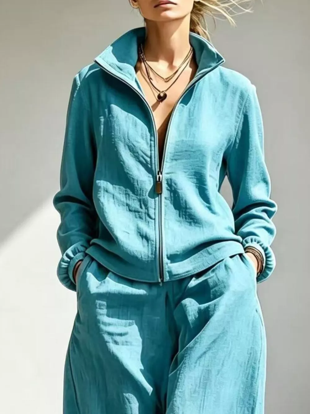 Full Size Zip-Up Jacket and Wide-Leg Pants Set Plus Size, image 2