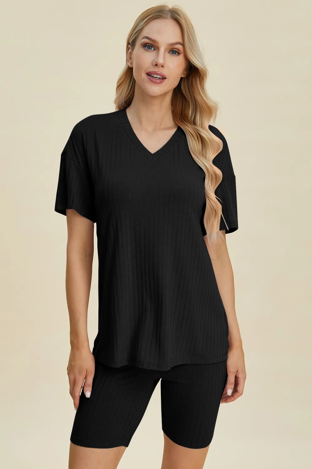Full Size Ribbed V-Neck Short Sleeve Top and Shorts Set, image 6