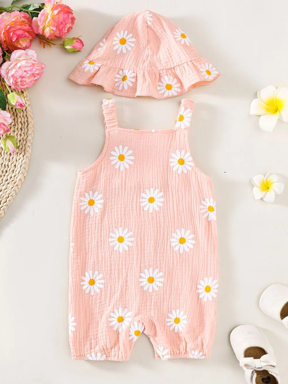Children's Daisy Textured Wide Strap Romper and Hat Set, image 2