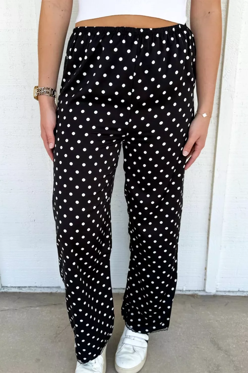 Polka Dot Print Elastic Waist Lace Hem Loose Pants, image 2