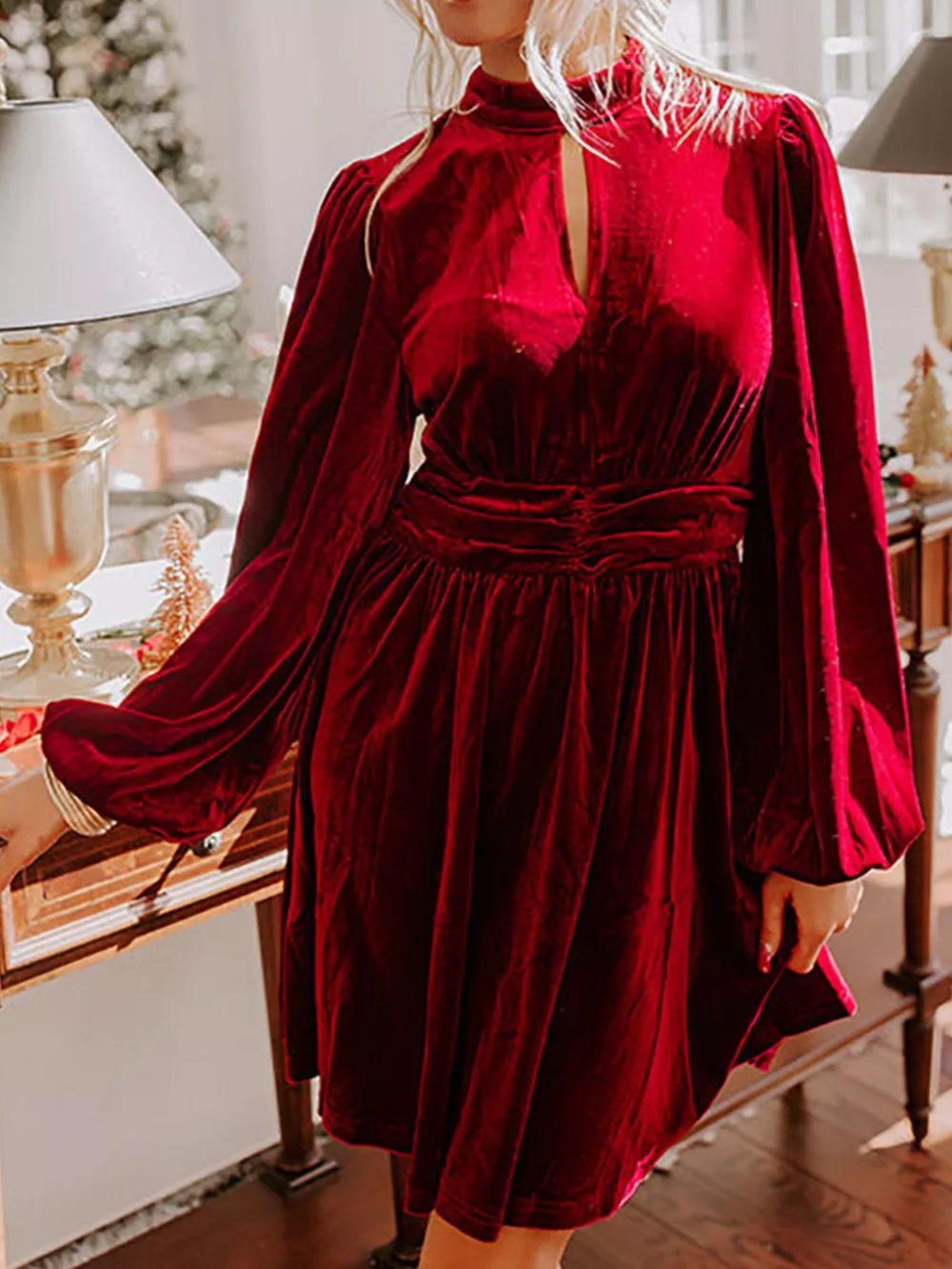 Velvet Mock Neck Balloon Sleeve Dress, image 10