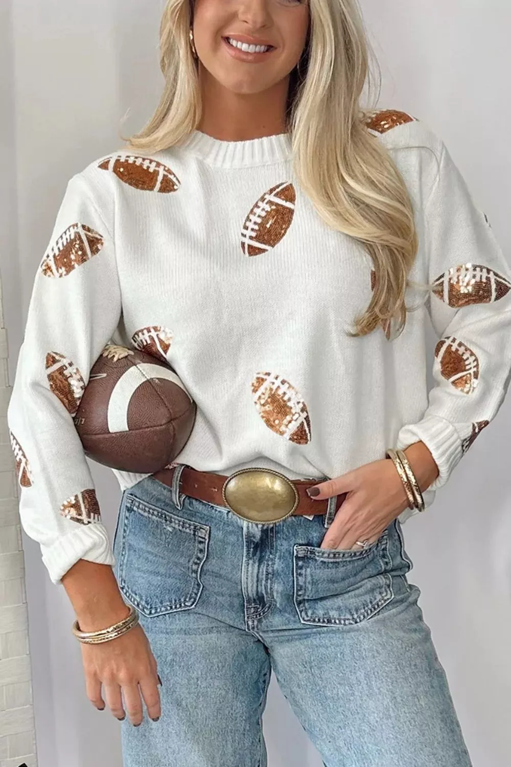 Sequin Football Print Round Neck Long Sleeve Loose Fit Sweater, image 3