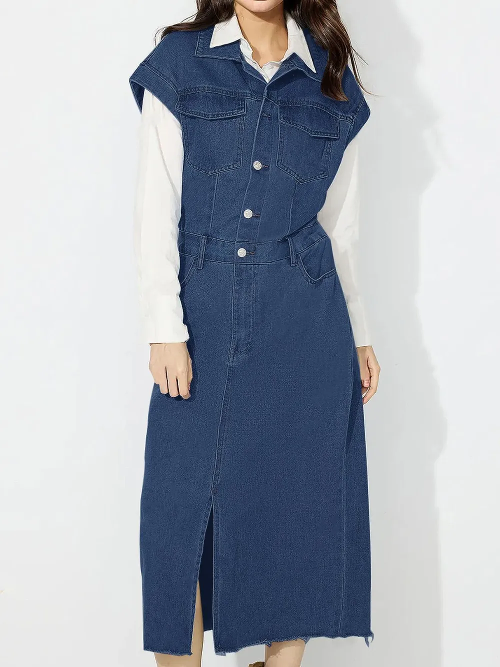Slit Half Button Collared Neck Cap Sleeve Denim Dress, image 7
