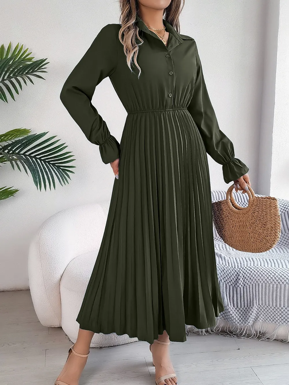 Pleated Half Button Long Sleeve Midi Dress, image 7