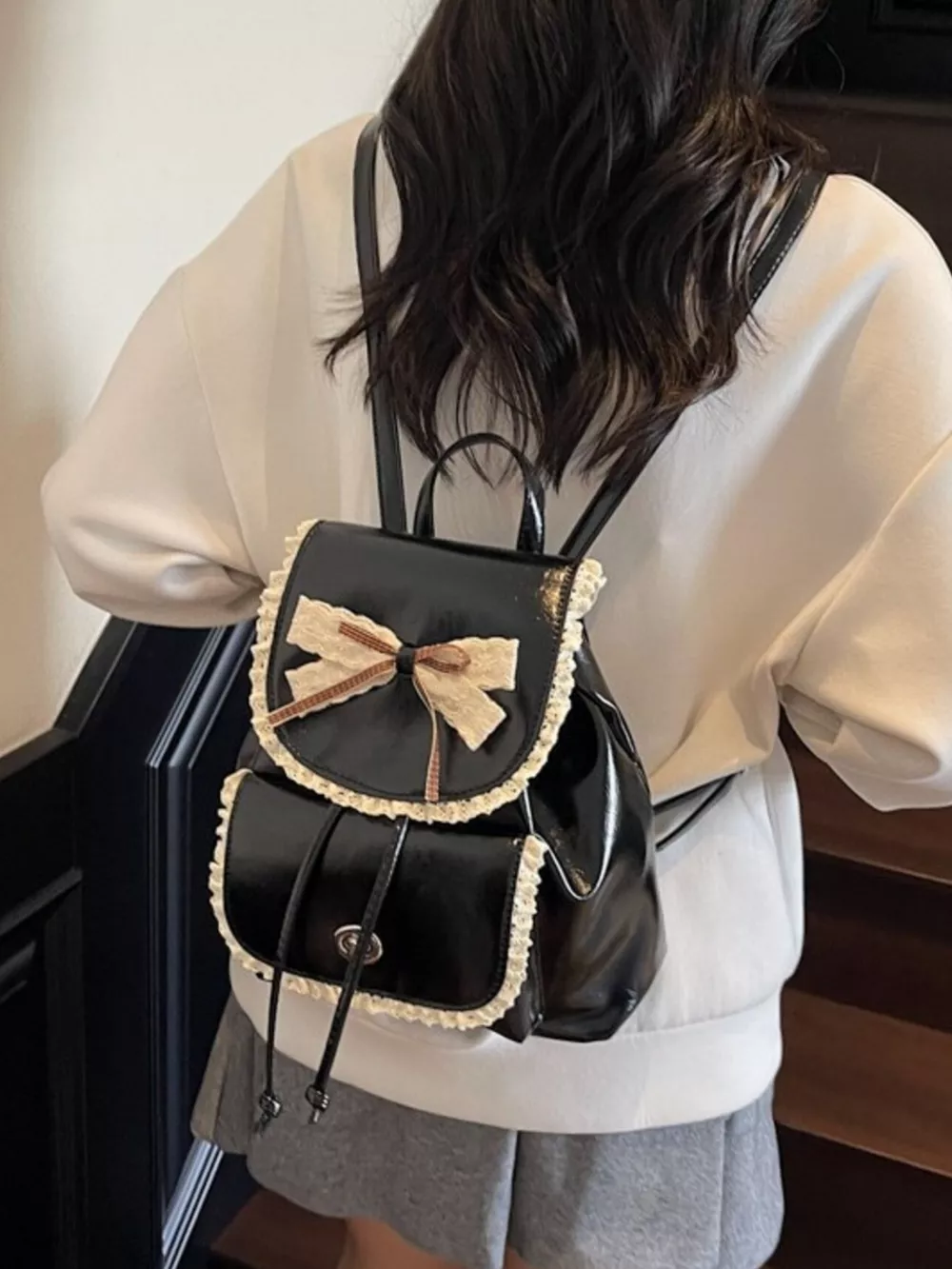 Lace Trim Bow Decor Backpack Bag, image 3