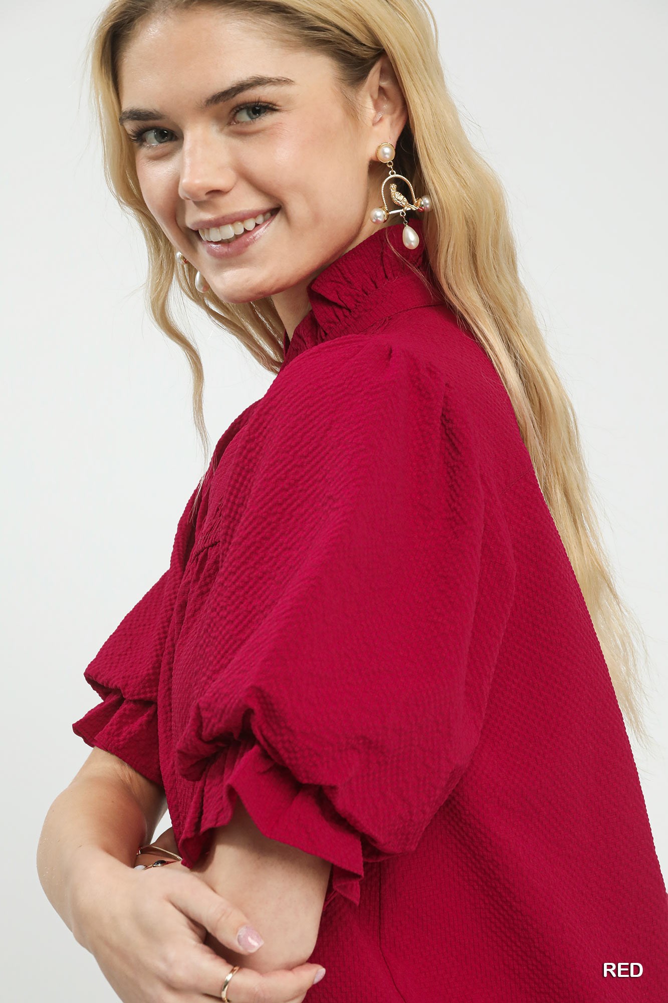 Textured Smocked Yoke Split-Neck Top, image 2