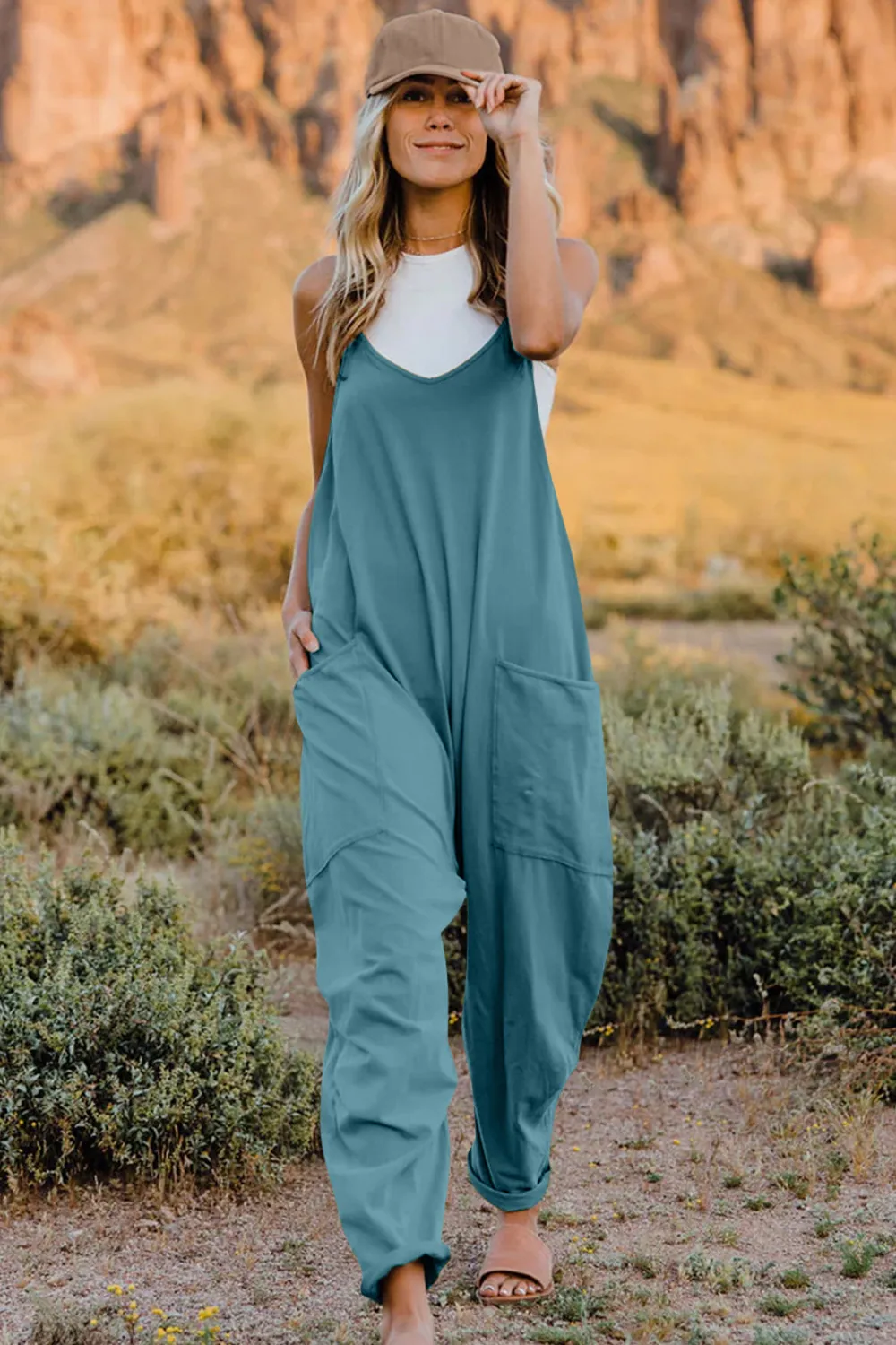 Full Size V-Neck Sleeveless Jumpsuit with Pockets, image 5