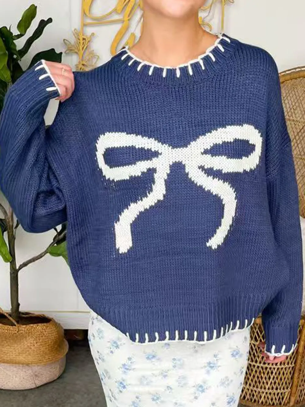 Bow Round Neck Long Sleeve Sweater, image 7