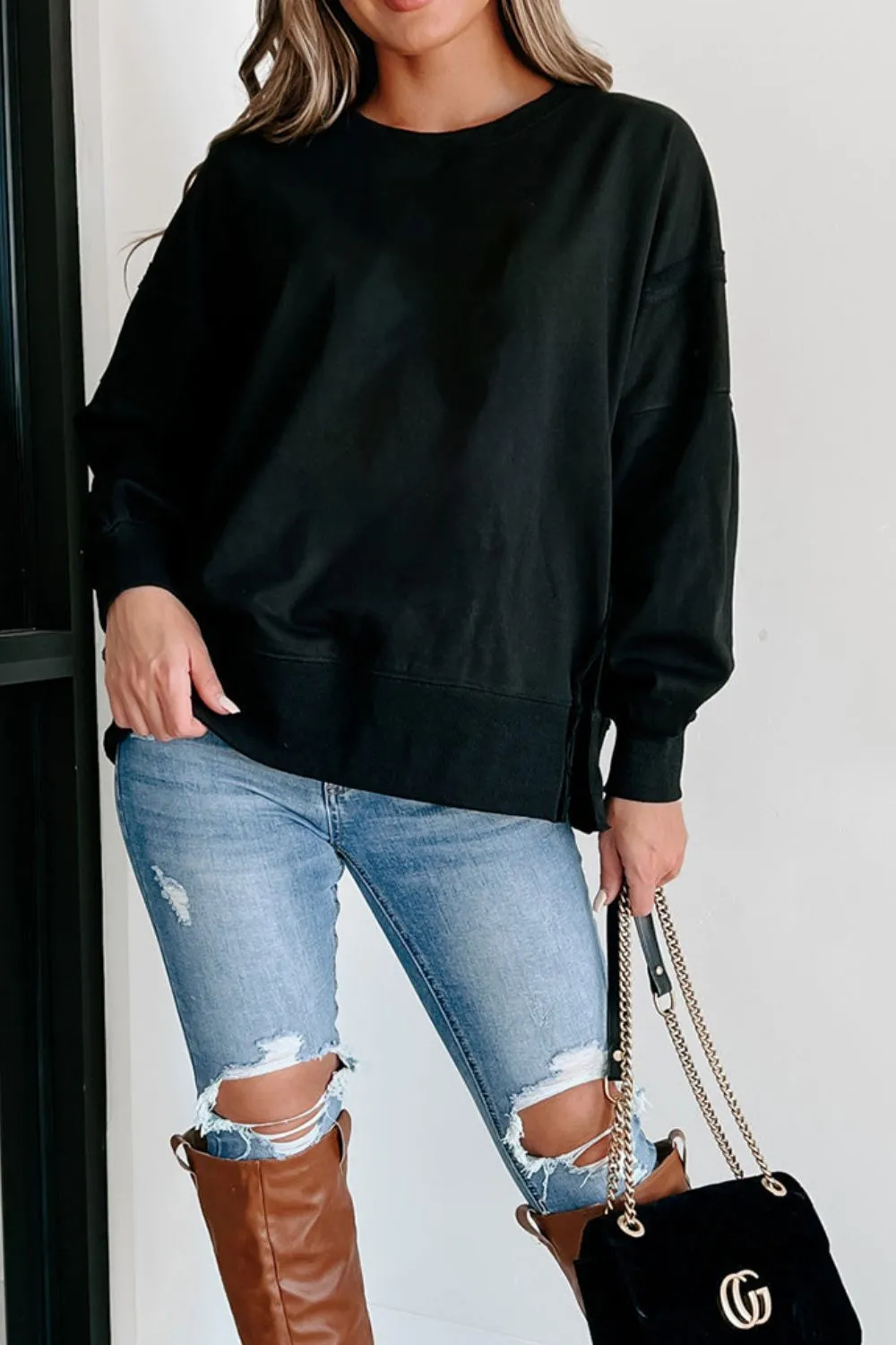 Side Slit Round Neck Long Sleeve Sweatshirt, image 20