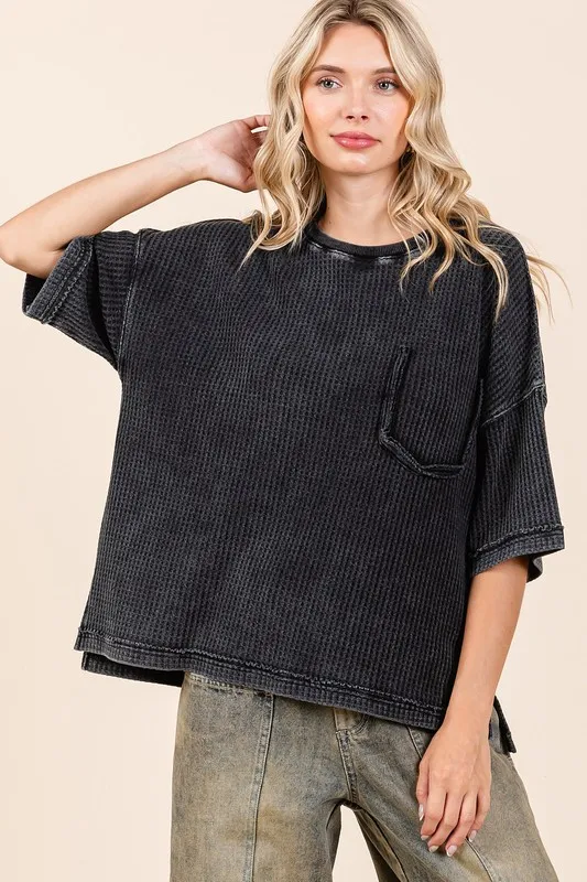 Mineral Wash Waffle Knit Short Sleeve Top, image 3