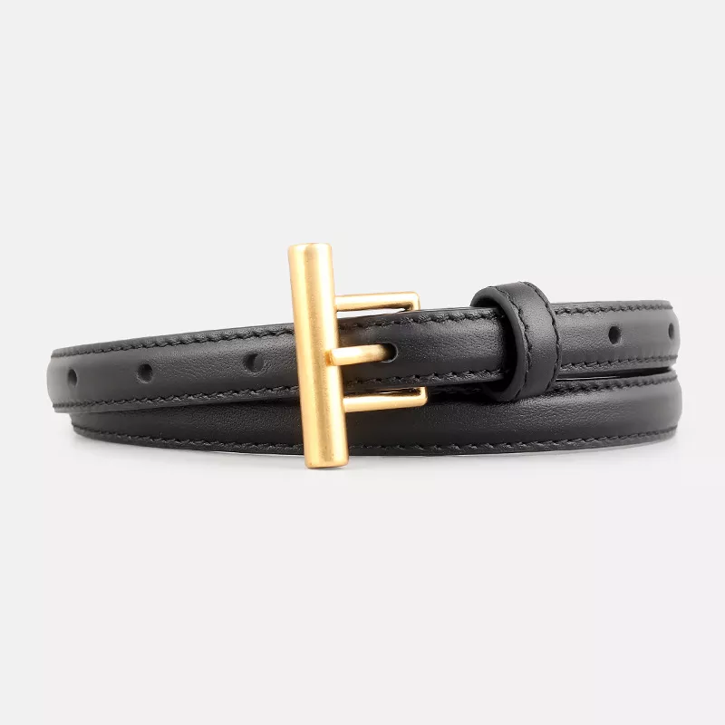 Leather Belt with Golden T-Buckle, image 2