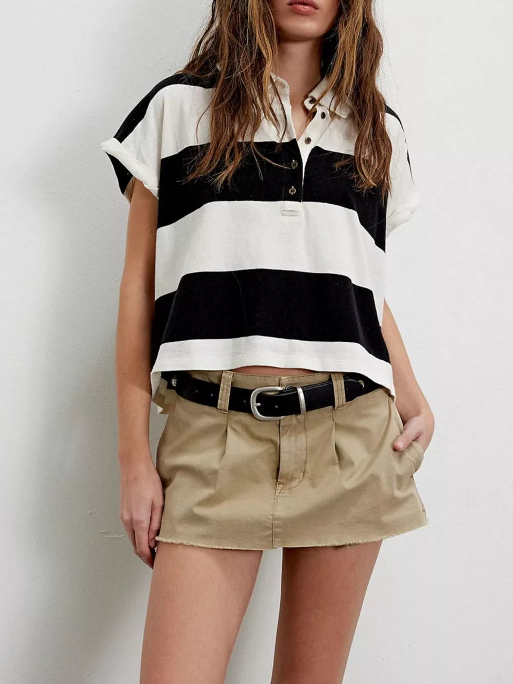Half Button Striped Short Sleeve Cropped Polo Shirt, image 4