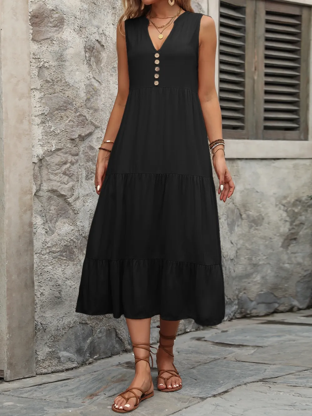 Decorative Button Notched Sleeveless Dress, image 3