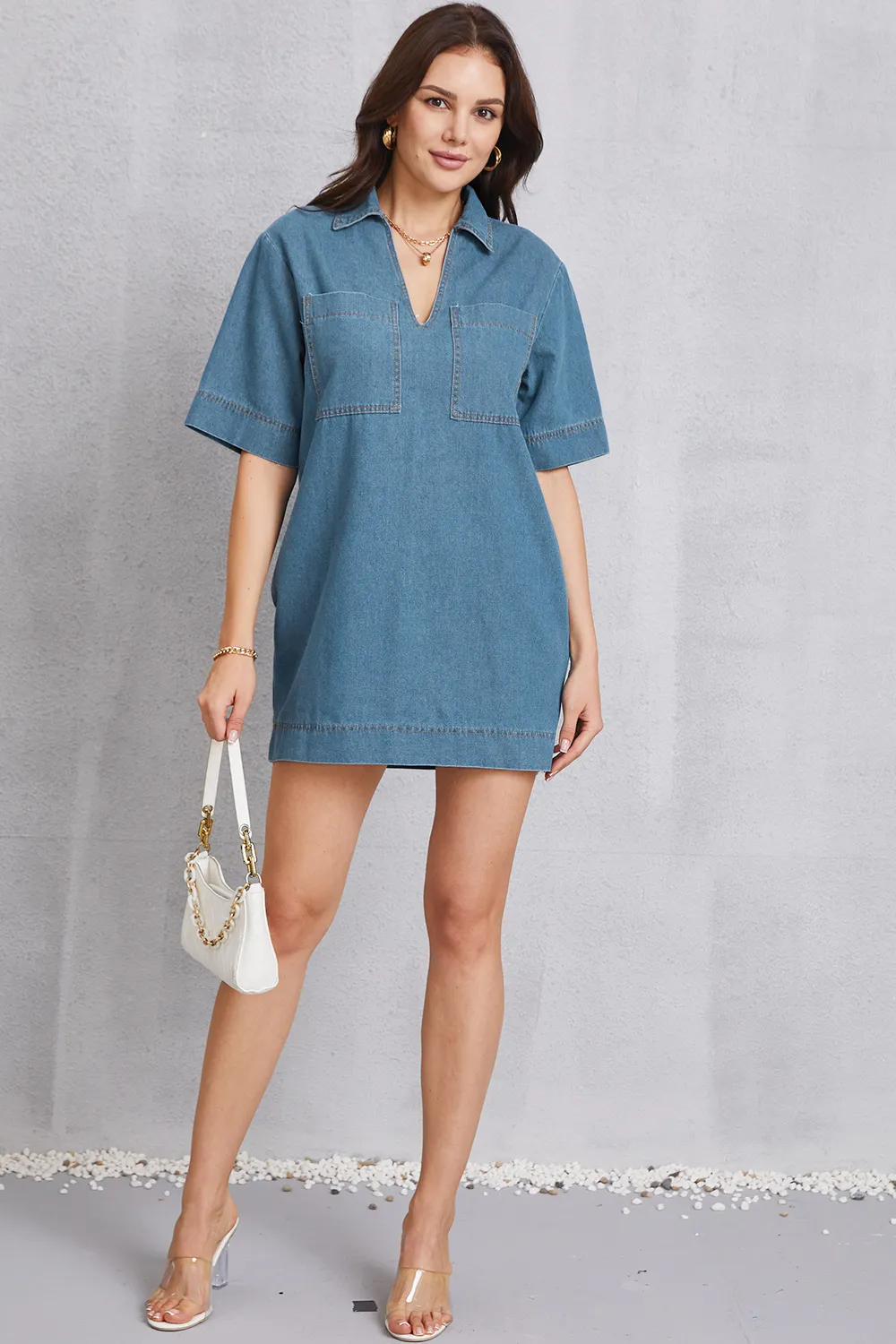 Pocketed Collared Neck Mini Denim Dress, image 7