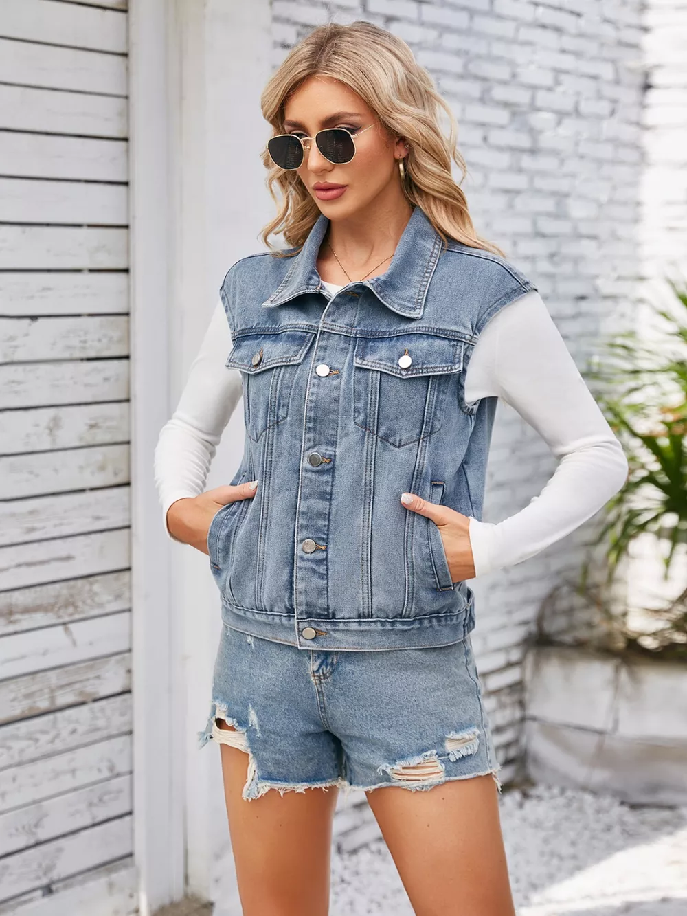 Button Up Cap Sleeve Denim Jacket, image 4