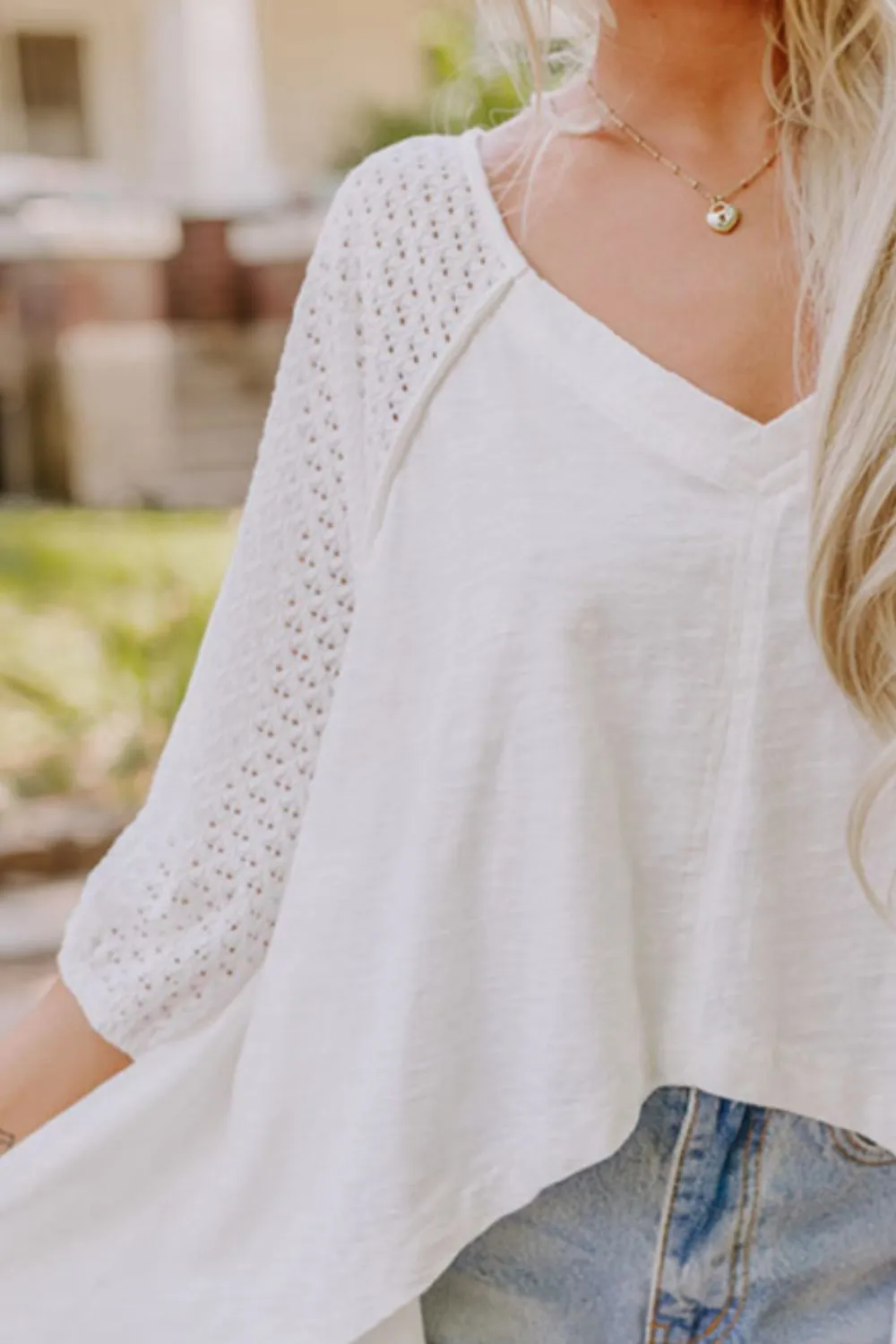 Openwork High Low Hem V Neck Oversized Top, image 3
