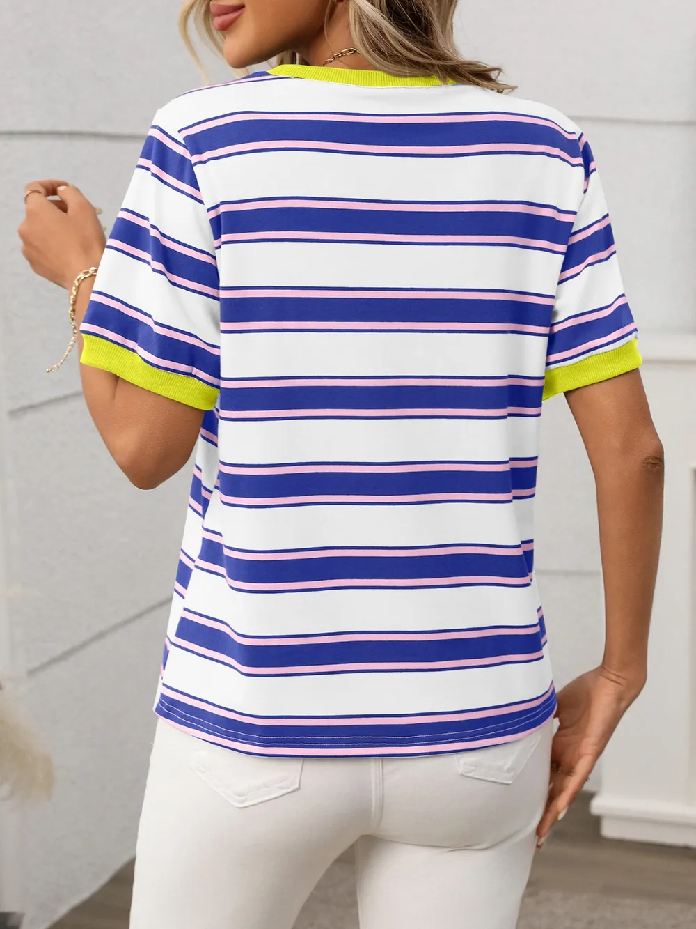 Contrast Striped Round Neck Short Sleeve T-Shirt, image 14