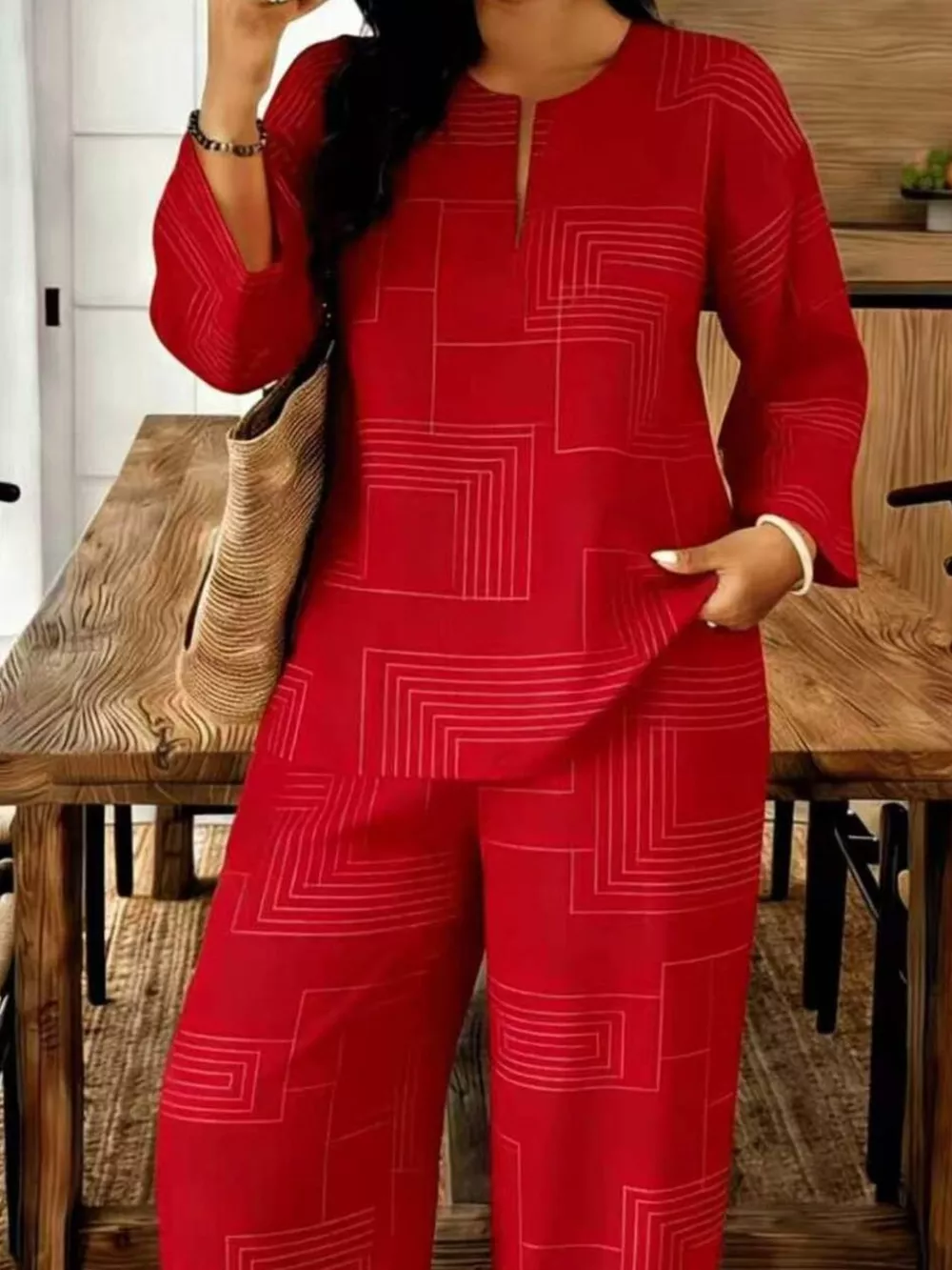 Geometric Print Relaxed Fit Top and Pants Set, image 3